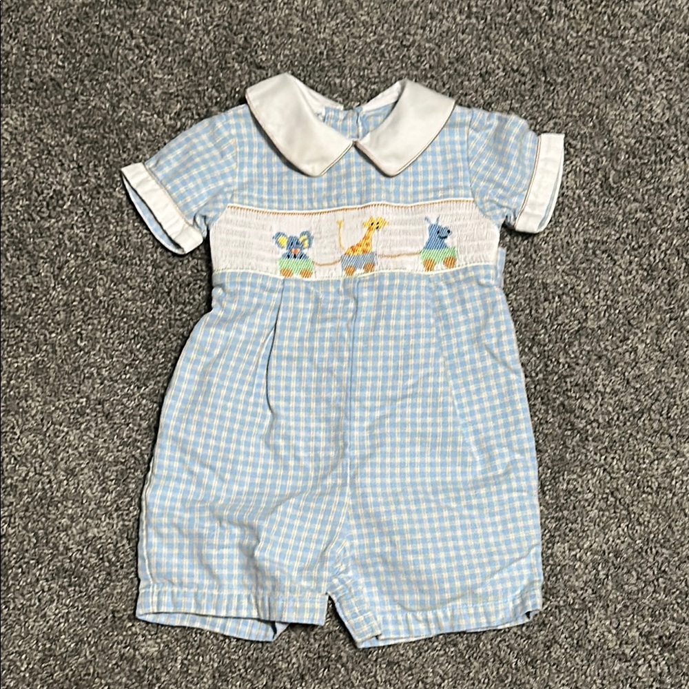 Blue Gingham Baby Romper with Animal Embroidery